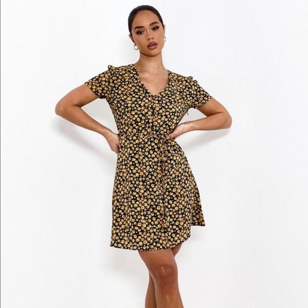 Yellow Floral Print Half Button Dress 1